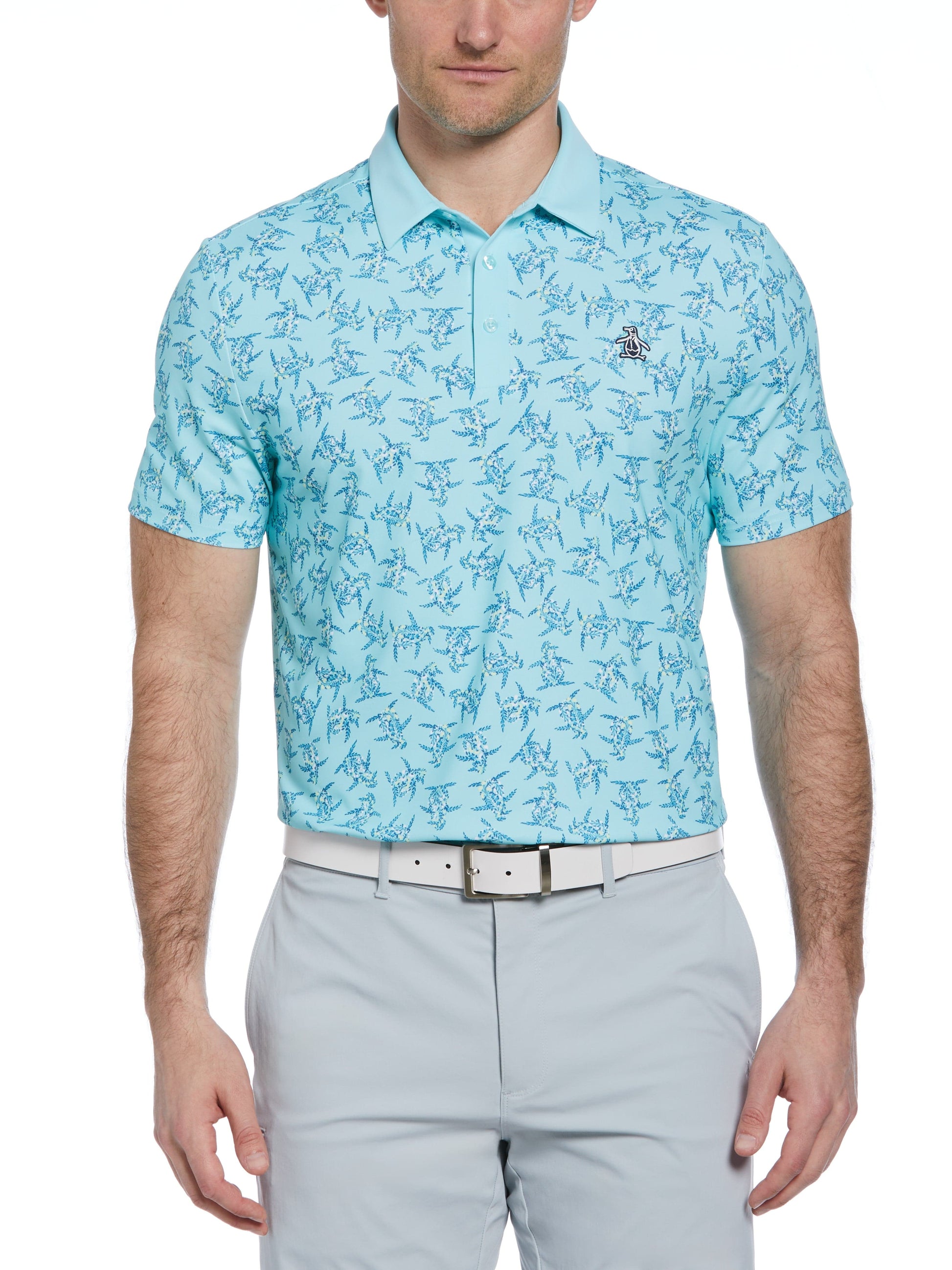 60s Floral Pete Print Short Sleeve Golf Polo Shirt (Tanager Turquoise) 