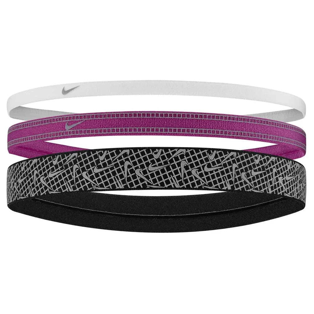 Unisex Mixed Width Reflective Graphic Headbands 3 Pack White and Hot Fuchsia NIKE