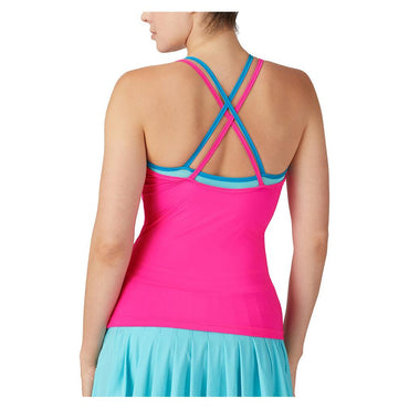 Women`s Tie Breaker Strappy Cami Tennis Tank Pink Glo and Blue Radiance WOMENS APPAREL FILA