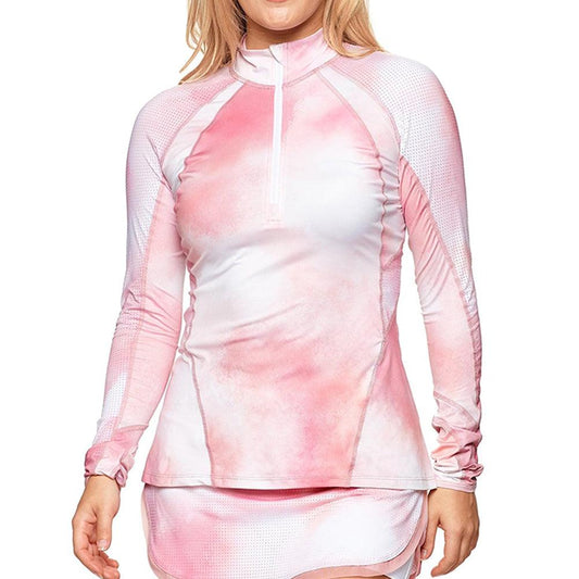 Women`s Grace 1/2 Zip Long Sleeve Tennis Top Romance Print BOBBE Pink XS