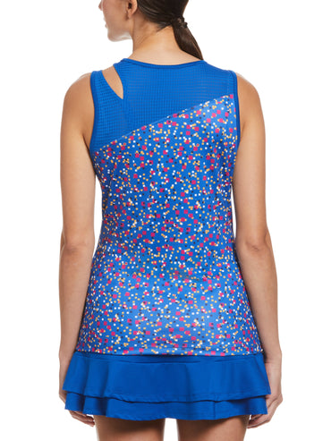 Women's Confetti Geo Printed Asymmetrical Tennis Tank with Mesh Blocking