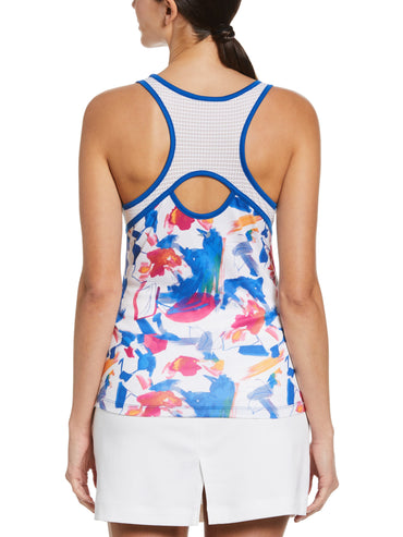 Women's Diffused Floral Print Tennis Tank with Mesh Panels