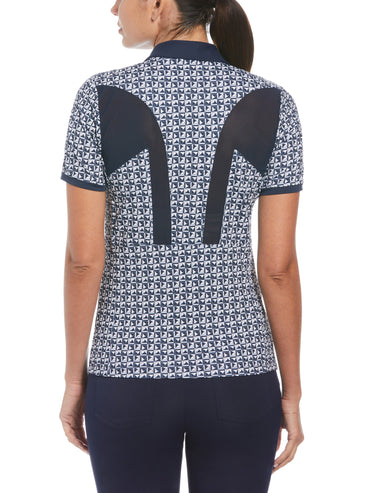 Women's Geometric Print Short Sleeve Golf Polo Shirt with Mesh Inserts