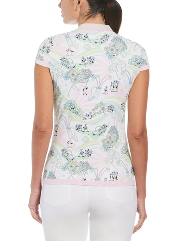 Women's Groovy Pete Print 1/4 Zip Short Sleeve Golf Polo With Ribbed Collar