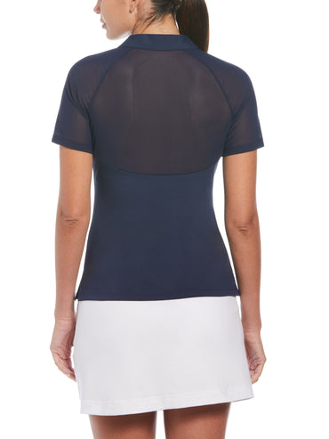 Women's V-Neck Mesh Block Short Sleeve Golf Polo Shirt with Contrast Piping